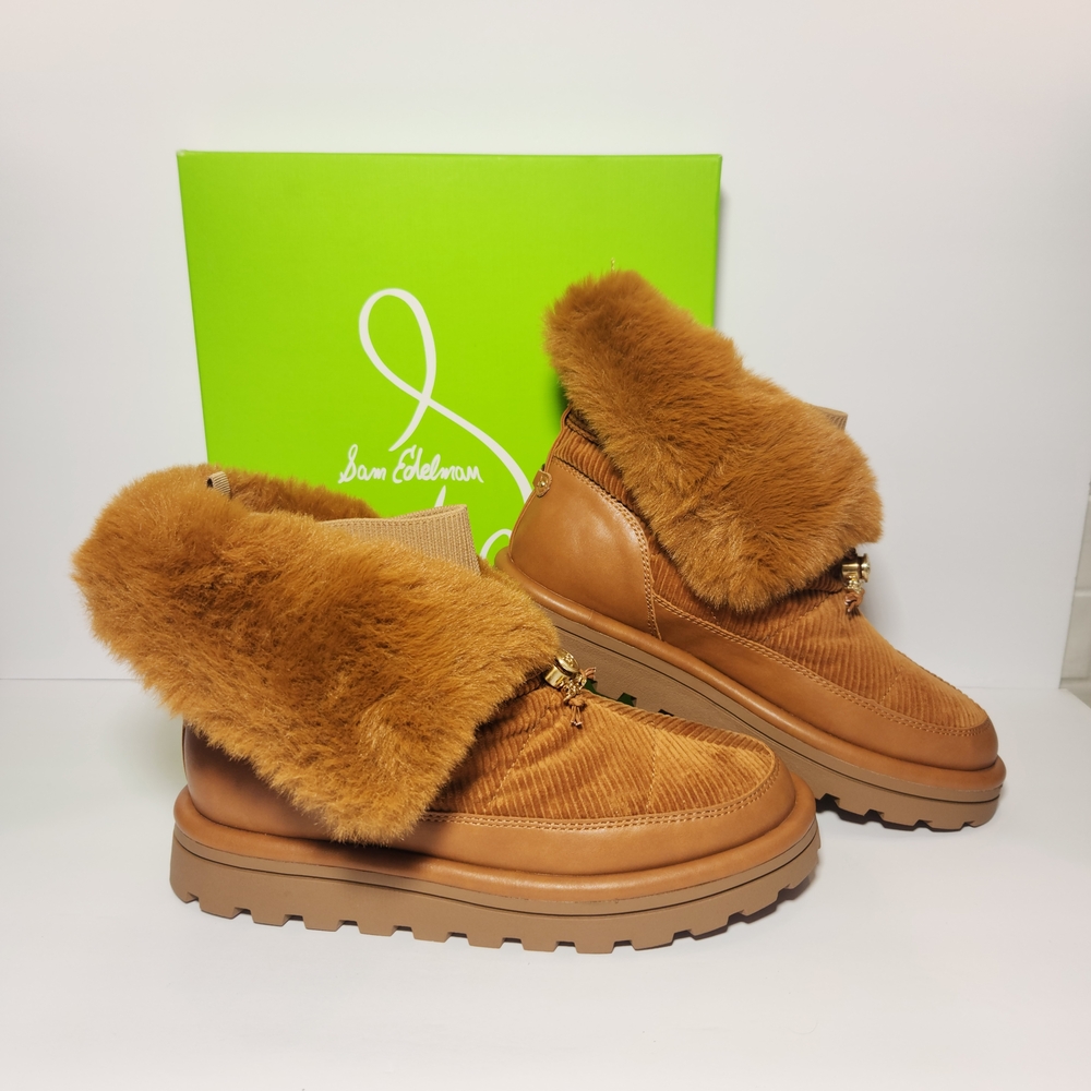 New Women's Sam Edelman Olin Brown Corduroy Faux Fur Bootie, Size 10.5 M‎